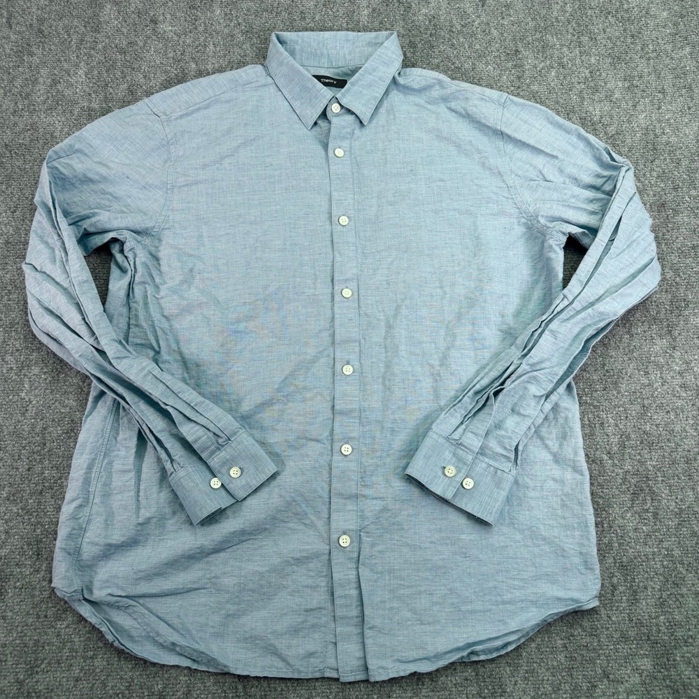 Theory Shirt Men's XL Light Blue Edward Essential Linen Cotton Blend Button Down
